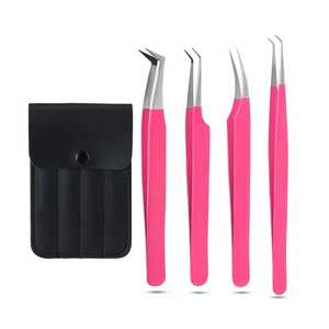 ชุดแหนบต่อขนตาสแตนเลสอย่างดี พร้อมซองหนังสีดำ ด้ามจับสีชมพู 4 ชิ้น - Product Image 1