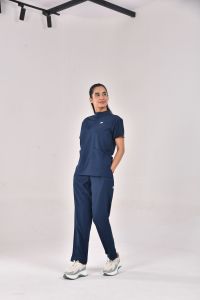 Blue <b>Women</b> Medical Scrub Suit Set <b>Short</b> Sleeve Zip Stand Collar Top with Matching Pockets Workwear <b>Trousers</b> - Product Image 6