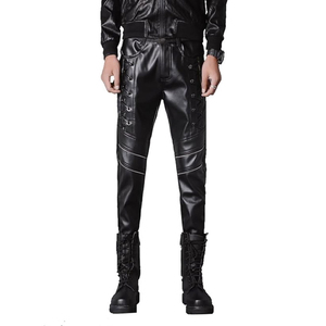 Men's Black PU <b>Leather</b> Moto Biker Pants High Waist Straight Fit Lace-up Side <b>Rivets</b> Heavyweight Winter Style - Product Image 1