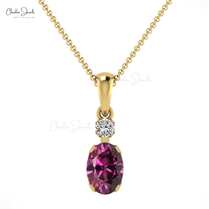 Pendentif artisanal en or massif 14 carats avec grenat rhodolite naturel 7x5mm et accent de diamant, vente en gros, collier personnalisable - Product Image 1