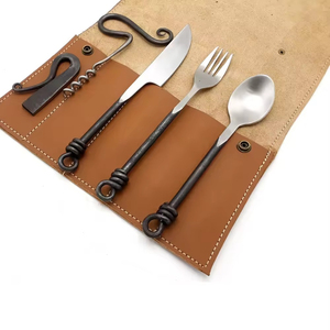 OEM Medieval <b>Cutlery</b> Set Rustic Handmade Spoon Fork Knife Reusable Dining Tableware With Leather <b>Storage</b> Holder - Product Image 5