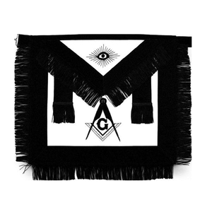 Tablier maçonnique noir et blanc à imprimé géométrique, avec franges et ruban artisanal, design traditionnel simple face - Product Image 1