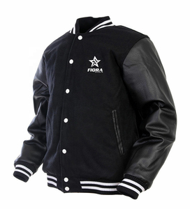 เสื้อแจ็คเก็ตเบสบอลผู้ชายสำหรับฤดูหนาว  แบบ Letterman สีดำล้วน  แขนหนัง  คอริบบ์  รับสกรีนโลโก้  ขายส่ง - Product Image 1