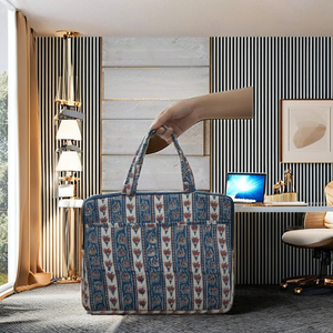 Sac pour ordinateur portable en coton imprimé à la main à rayures florales, pochette plate, grand sac de protection élégant avec poignée supérieure et fermeture éclair, 16x12 pouces - Product Image 4