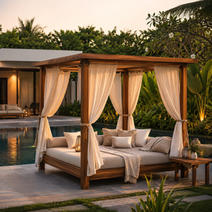 Cama de Día de Lujo Moderna y Duradera de Teca Sólida para Exteriores con Toldo y Cortinas, Cama de Jardín Premium para Patio o Resort - Product Image 2