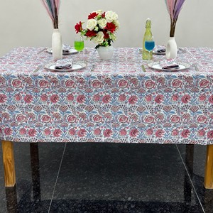 Handmade white floral <b>tablecloth</b> Pretty pink cotton design Block print cotton table cloth for Dining <b>Weddings</b> Special Occasions - Product Image 2