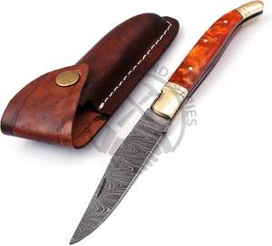 Nouveau couteau pliant Laguiole Damas, couteau de chasse d'extérieur, meilleur couteau de poche forgé et tranchant, beige, avec poignée en résine et pommel en laiton. - Product Image 4