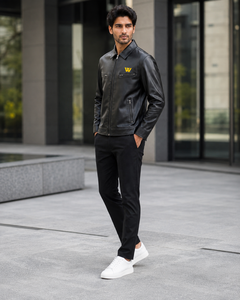 Men's Black Silk Moto <b>Jacket</b> <b>Yellow</b> W Logo Zipper Front Stand Collar Loose Fit Winter Style <b>Waterproof</b> Windproof High Street - Product Image 5