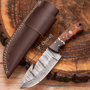 Customized HANDMADE FORGED DAMASCUS STEEL GUT HOOK HUNTING KNIFE WITH ROSEWOOD HANDLE & WITH <b>LEATHER</b> COVER - Product Image 5