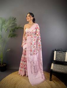 Sari de Seda Banarasi con Estampado Floral y Borde Tejido, Diseño de Alta Costura para Bodas y Fiestas Indias, Seda Suave - Product Image 4