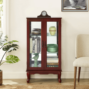 Vetrina Illuminata con Ripiani Regolabili e Pannello Posteriore a Specchio, Porte in Vetro Temperato, Credenza Illuminata per Porcellane - Product Image 4