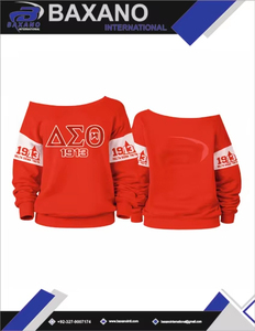 Delta |   Sigma |   Sweat-shirt tricoté à épaules dénudées Theta Sorority 1913 et motif lettres grecques avec logo personnalisé sur le devant pour fête - Product Image 4