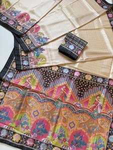 Sari indio tradicional de seda con estampado digital y blusa con ribetes de Dori para ocasiones de boda - Product Image 1