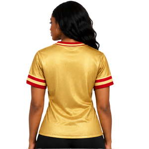 PDK 1923 เสื้อฟุตบอลผู้หญิงสีทองสีแดงคอวีลายพวงหรีดกราฟิกแขนสั้นเสื้อกีฬาเสื้อวาร์ซิตี้ลายทางสอโรริตี้ - Product Image 2