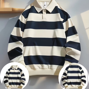 <b>Men's</b> Summer Casual <b>Long</b> <b>Sleeve</b> <b>Shirt</b> Lightweight Breathable 100% Cotton Anti-Wrinkle Button-Up <b>Striped</b> Relaxed Fit Polo <b>Shirts</b> - Product Image 1