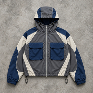 Men's Hooded Color Blocking Racer <b>Jacket</b> Windproof Zipper Closure Sporty Autumn Wear Polyester Material - Product Image 5