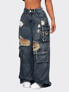 Jean cargo en denim déchiré taille haute pour femme, coupe ample, longueur intégrale, style streetwear, idéal pour l'automne, 100 % coton - Product Image 3