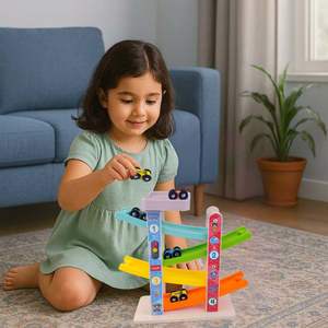 Wudly Rampe de voiture en bois Racer 4 niveaux Mouvement continu 4 mini voitures Jouet éducatif pour les tout-petits Développer la motricité fine - Product Image 2