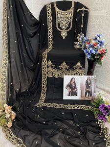 ชุดสัลวาร์ คามีซ คุรตา/คุรตี สำหรับผู้หญิง ผ้าจอร์เจตต์เทียมปักลายสีดำสุดหรู ความยาวระดับเข่า ทรงปกติ - Product Image 2