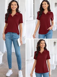Polo à manches courtes pour femme, couleur unie, tricoté, décontracté, sport, longueur normale, bordeaux - Product Image 3