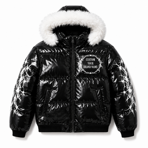 Custom Black Patent Puffer <b>Jacket</b> with <b>Fur</b> <b>Hood</b> Graphic Print Unisex Winter Outdoor Wear Wholesale Manufacturer OEM ODM Supplier - Product Image 1