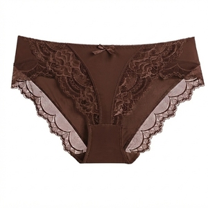 Braguitas de bikini de talle medio para mujer con ribete de encaje y detalle de lazo, color liso, transpirables, sin costuras, de punto. - Product Image 2