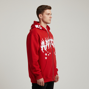 เสื้อฮู้ดดี้ผู้ชายสไตล์ Y2K สีแดง ซิปยาวเต็มตัว ลายกราฟิกเปลวไฟ ปักลายอย่างดี ผ้าฟลีซหนานุ่ม ทรงโอเวอร์ไซส์ - Product Image 6