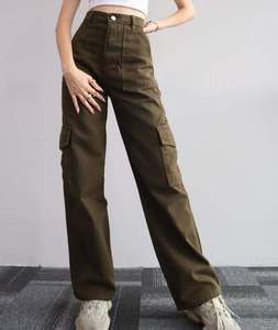 Pantalon cargo ample taille mi-haute 2026 avec logo brodé personnalisé pour femme, style streetwear, en tissu de coton léger - Product Image 5