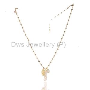 ไข่มุกธรรมชาติและสายรุ้งมูนสโตนอัญมณีจี้ทองเหลืองพร้อมผู้ผลิตเครื่องประดับโซ่ชุบทอง - Product Image 2