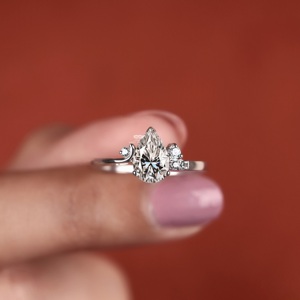 Custom Pear Cut Lab Grown Diamond Engagement Ring 14K 18K Gold Pear Solitaire Ring Round Diamond Promise Ring Wedding Jewelry - Product Image 6
