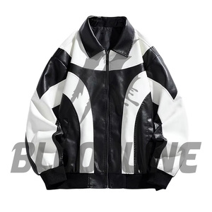 Men's PU <b>Leather</b> Bomber <b>Jacket</b> Color Blocking Turn-down Collar Zipper Closure Streetwear Autumn Wear - Product Image 1