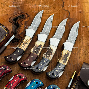 Damascus Steel Folding Knife Set With Elk Horn Handle Serrated Drop Point Hunting Knife EDC Pocket Knife 4-Pack - Product Image 2