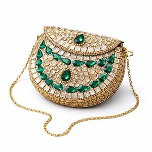 UnfoldSelf Luxury Green Stone Embellished <b>Gold</b> Clutch Bag | Designer Mirror Work Bridal Handbag with Chain Strap only for Women - Product Image 1