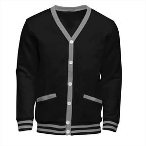 Cardigan noir à col en V pour femme, manches longues, tricoté, couleur unie, décontracté, boutonné sur le devant, avec bordure grise, à porter toute l'année - Product Image 1