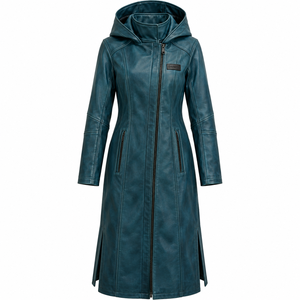 Manteau long en cuir bleu sarcelle à capuche avec fermeture éclair sur le devant, sur mesure, service OEM/ODM - Product Image 1