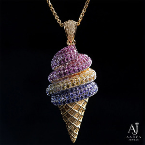 จี้ไอศกรีมสีทองประดับมอสซาไนต์หลากสีแบบไมโครพาเว่ สร้อยคอรูปขนมหวานสำหรับผู้หญิง - Product Image 4