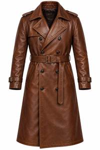 <b>Men</b> Genuine Leather <b>Long</b> Trench <b>Coat</b> Notched Lapel Single Breasted Overcoat With Pockets Regular Fit - Product Image 5