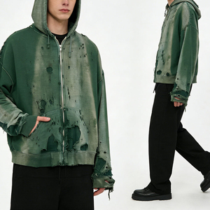 Sudadera con capucha vintage verde desgastada con cremallera, estilo oversize, lavada, estilo streetwear para hombre y mujer - Product Image 2