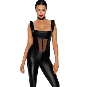 Mono de Mujer Negro con Recubrimiento de PU, Cuello Cuadrado, Manga con Volantes, Cintura Alta, Ajustado, Sexy, para Club - Product Image 2