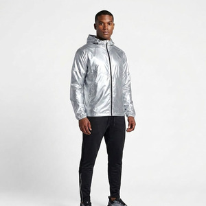 Unisex <b>Silver</b> Metallic Lightweight Hooded <b>Jacket</b> and Black Elastic Waist Joggers Set 2 Piece Premium Sportswear Tracksuit - Product Image 3