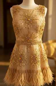 Robe de cocktail de luxe dorée à sequins pour femme, motif soleil, robe de soirée avec ourlet en plumes, vente en gros, tenue de soirée élégante OEM/ODM - Product Image 2