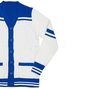OEM Manufacturer <b>women</b> Fashion Winter V Neck Front Buttons Patch Pockets <b>Short</b> Varsity Jacket <b>Cardigan</b> Button Closure White Blue - Product Image 5