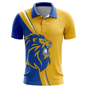 Polo de Manga Corta para Hombre con Estampado de León Amarillo y Azul, Transpirable, de Poliéster Tejido, Corte Regular Informal, con Logotipo Frontal - Product Image 1