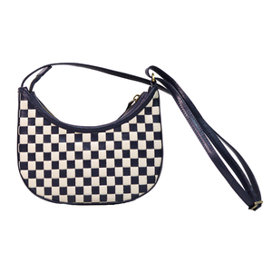 Handwoven 100% genuine leather hobo style mini sling <b>bag</b> designed with classic checkerboard pattern in black and white color - Product Image 4
