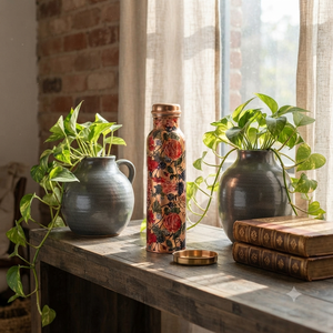 Bouteille d'eau en cuivre artisanale avec motif floral rose, réutilisable, en métal, pour voyage, yoga, maison, bureau, cadeau, vente en gros - Product Image 6