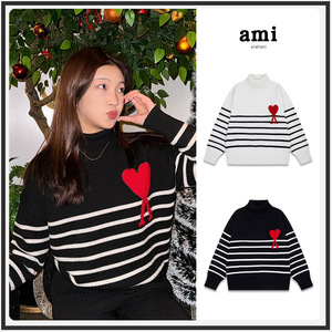 Pull en tricot rayé pour femme de marque avec broderie cœur rouge, col rabattu oversize, idéal pour l'automne - Product Image 2