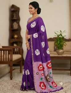 <b>Purple</b> Cotton <b>Saree</b> With Floral And Bandhani Print Zari Border Traditional Indian Wear For Women Casual Wear All Seasons - Product Image 2