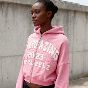 Applique Distress Patches <b>Zip</b>-<b>Up</b> Cropped <b>Hoodies</b> Custom Screen Printing Streetwear Acid Wash Hooded <b>Crop</b> Sweatshirt for Women's - Product Image 3