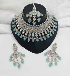 Gold Plated Brass Zircon <b>Bridal</b> <b>Jewelry</b> <b>Set</b> Choker Necklace Drop Earrings Tikka High Quality Party Wedding Gift Ethnic - Product Image 1