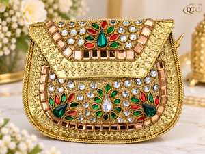 Bolso de mano pequeño con diseño Kundan, cierre de solapa, cuentas y correa de cadena, estilo étnico, para bodas y fiestas de verano, para mujer. - Product Image 3
